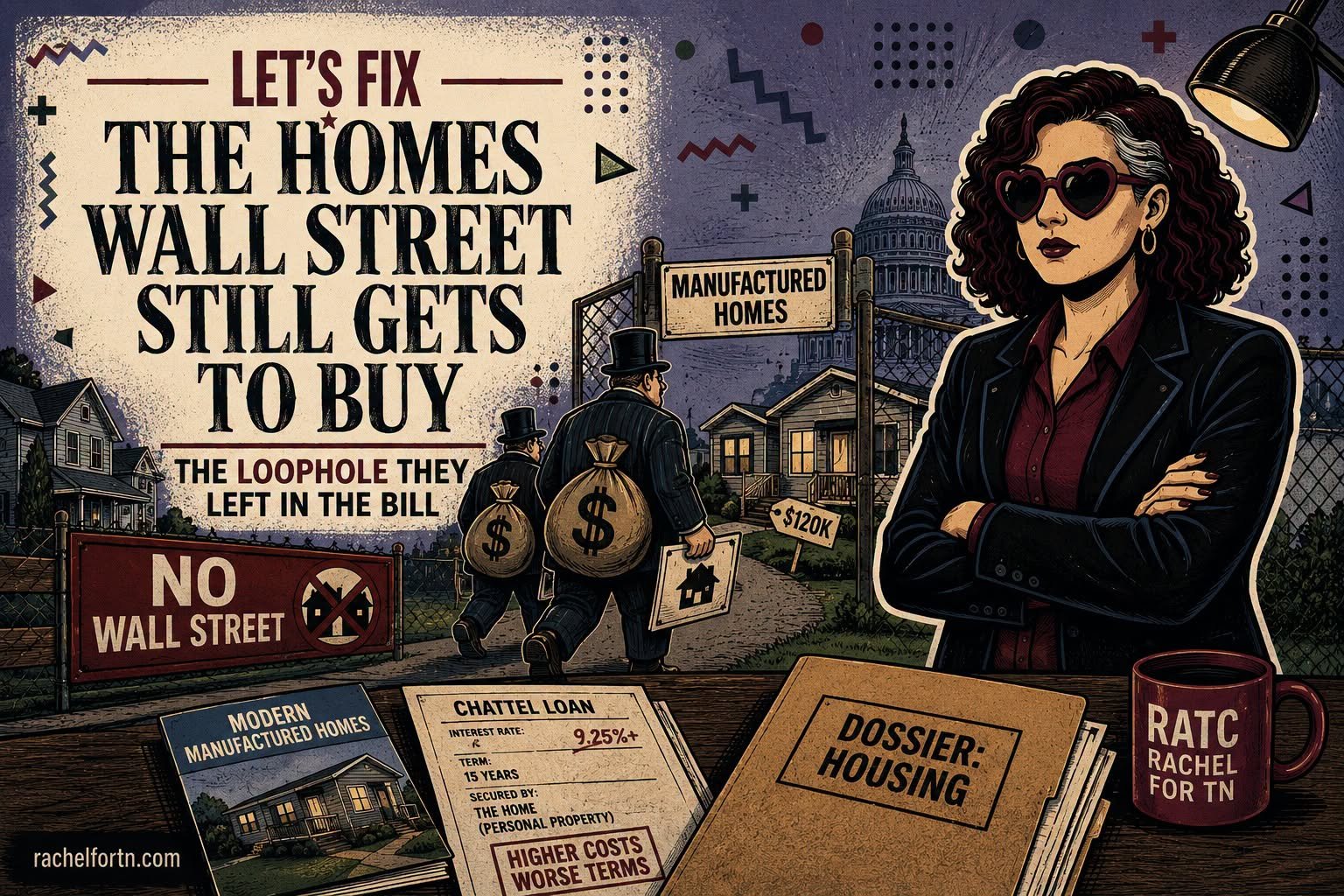 Two top-hatted Wall Street figures carry money bags toward a row of manufactured homes under a Manufactured Homes sign, with a No Wall Street banner and a chattel loan dossier in the foreground.