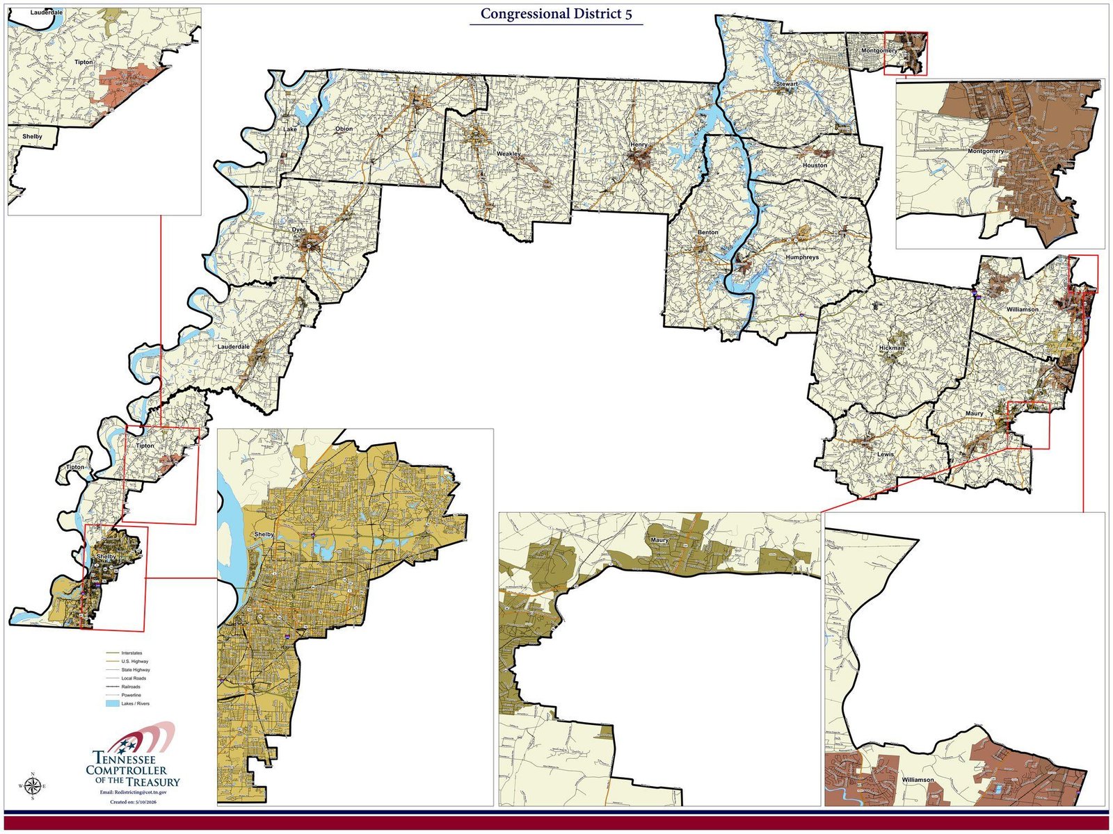 The official Tennessee Comptroller map of Congressional District 5, a dense and hard-to-read tangle of roads and boundaries.