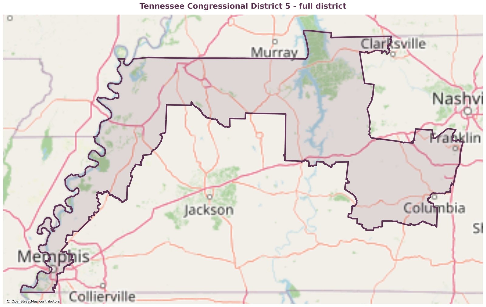 Map of the new Tennessee 5th Congressional District, stretching from Memphis northeast across West Tennessee into Middle Tennessee.