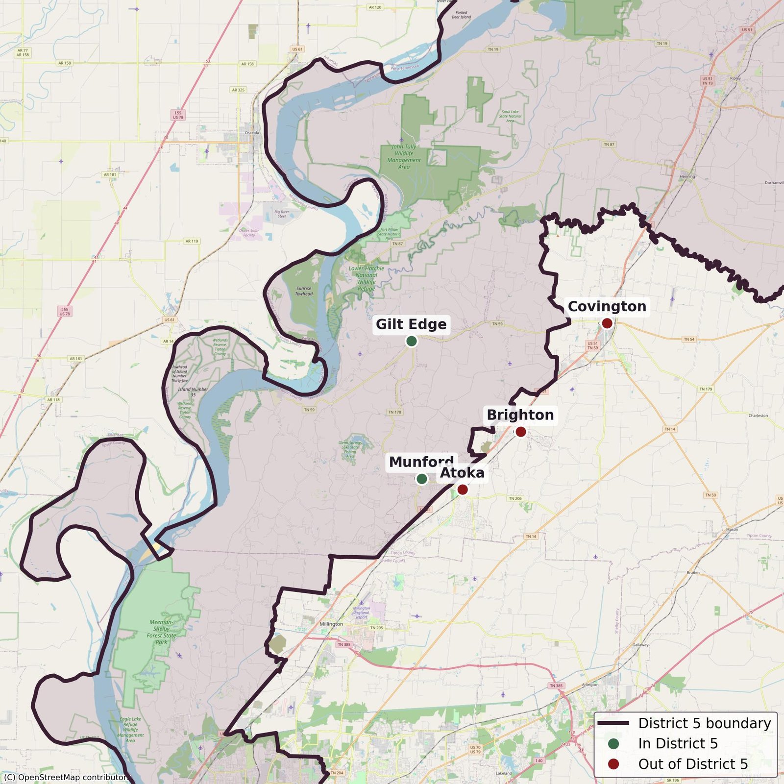 Map of the Tipton County split: Munford and Gilt Edge in District 5, Covington, Atoka, and Brighton out.